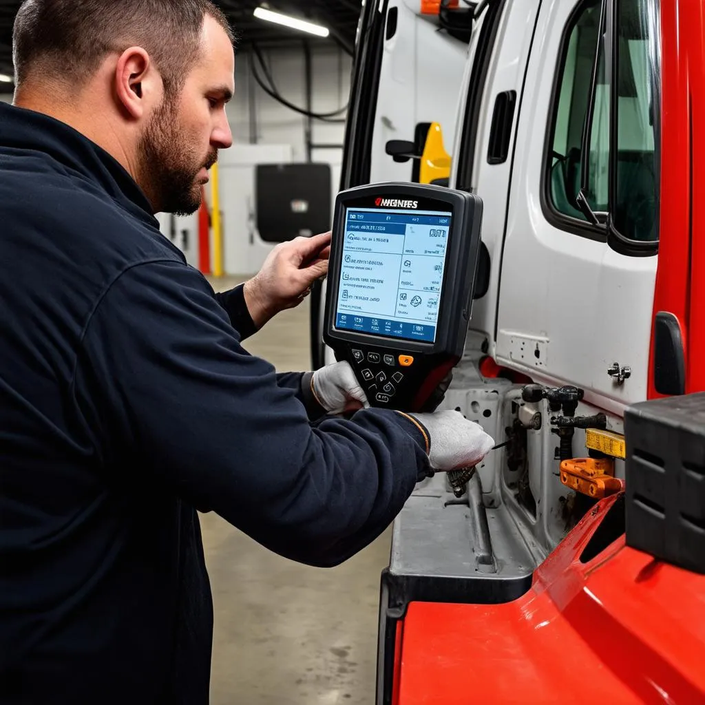 Mechanic Using Semi-Truck Scanner