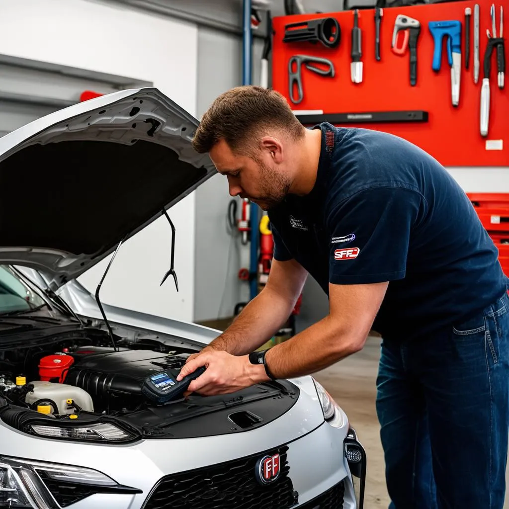 Mechanic Diagnosing a Car with an SFC Scan Tool