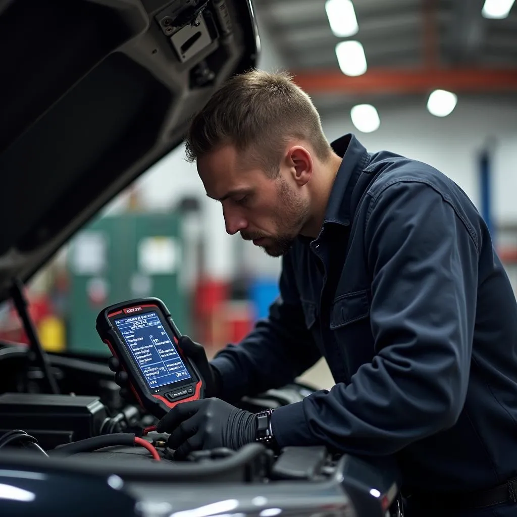 A mechanic in a repair shop using a Sierra stats scan tool to diagnose a GMC Sierra truck.