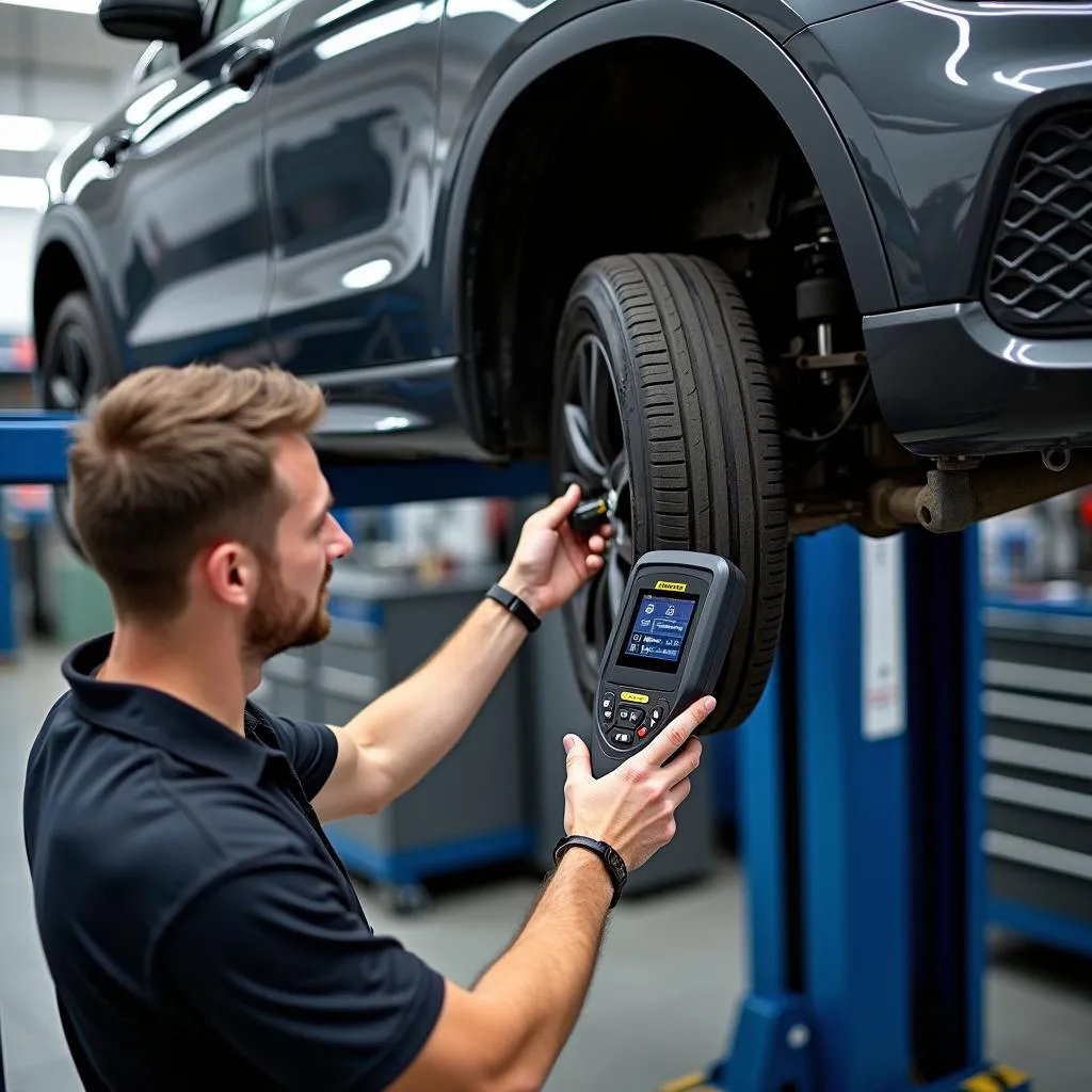 Mechanic Using Snap-on ABS Scan Tool on Lifted Car