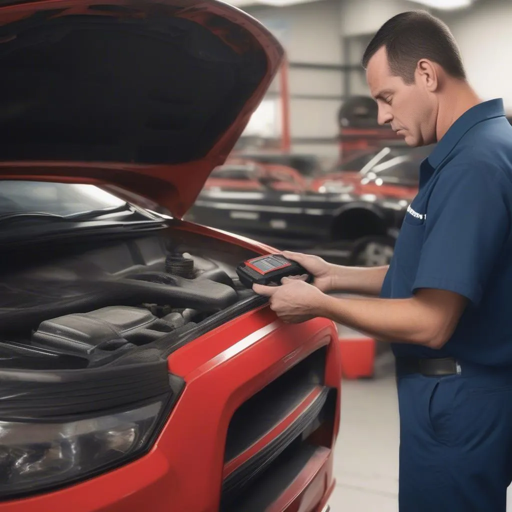 Mechanic using a Snap-on scan tool to diagnose a car problem