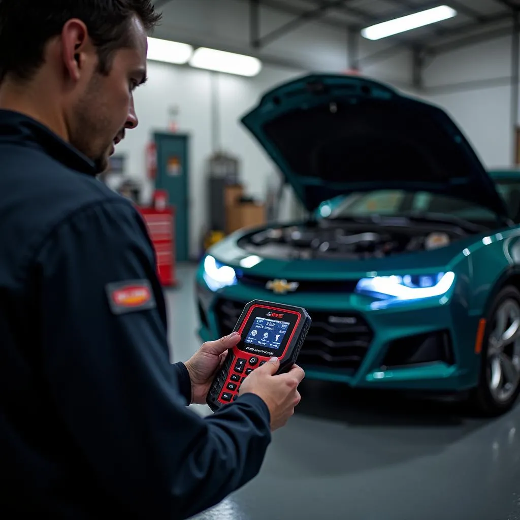 Mechanic Diagnosing a GM Car with an SRS Scan Tool