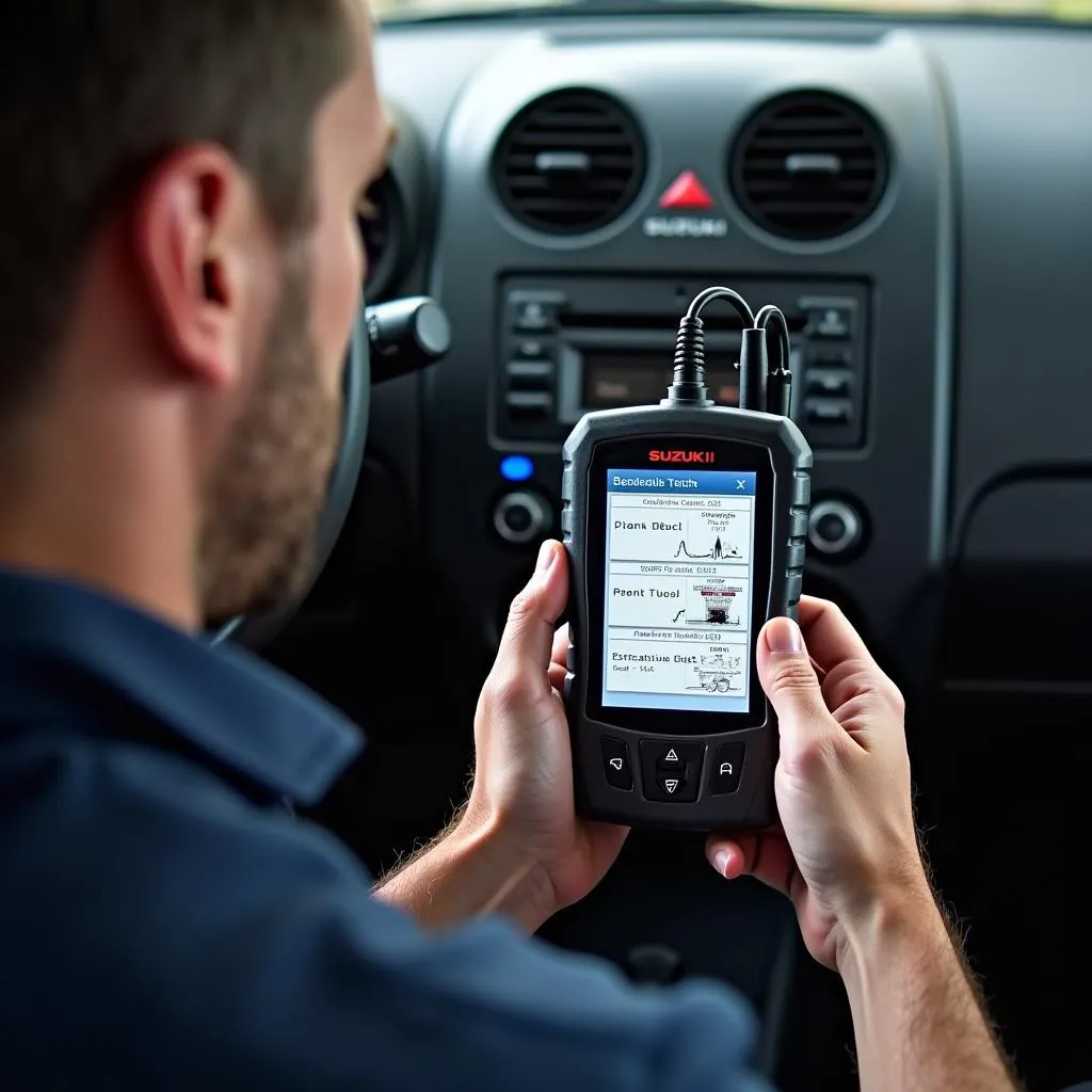 Mechanic using the Suzuki Tech 1 Scan Tool for vehicle diagnostics