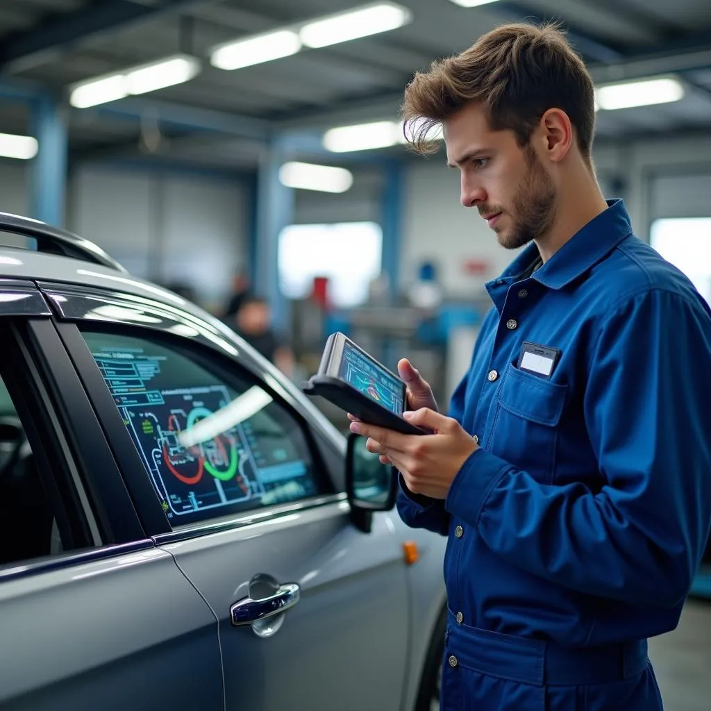 Mechanic Using Tablet-Based Scan Tool in Garage