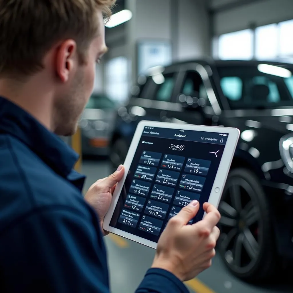 Mechanic using a tablet with diagnostic software to analyze car data