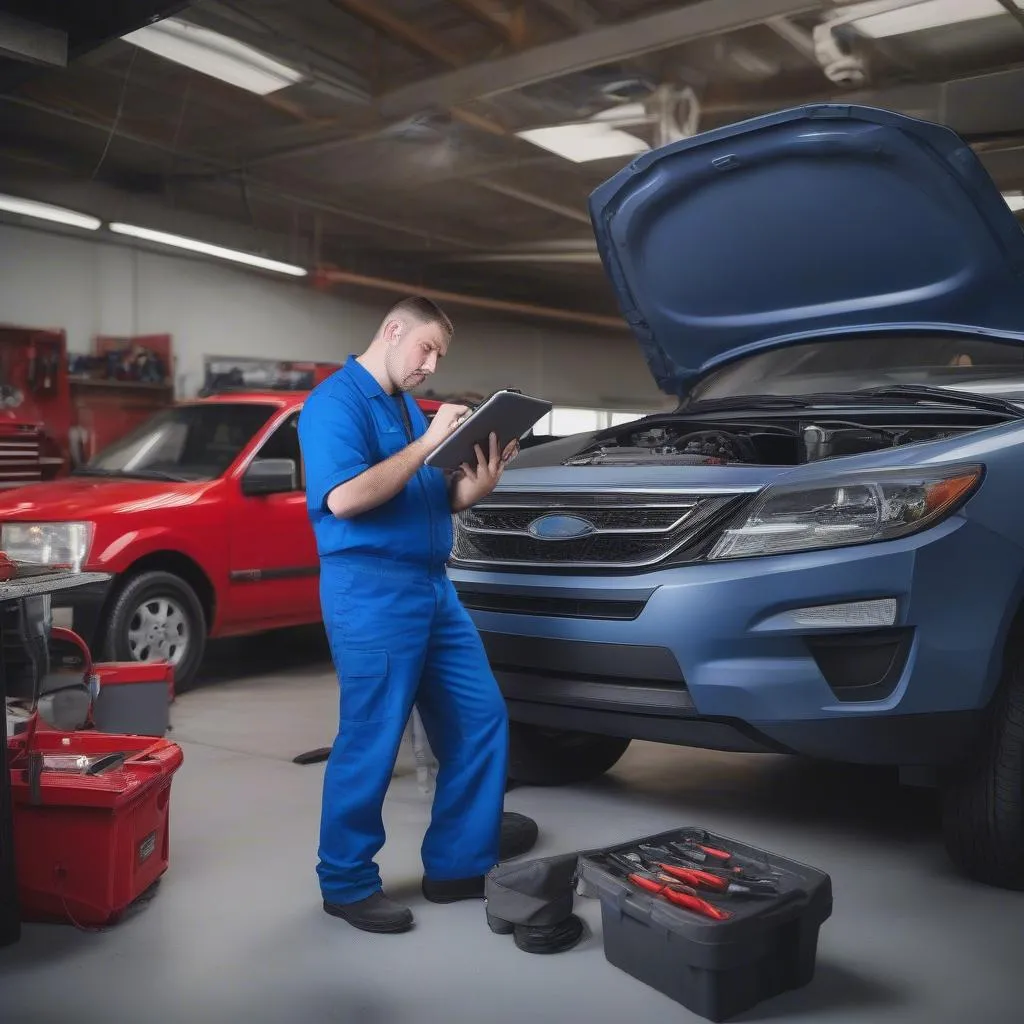 Mechanic running car diagnostics using a tablet