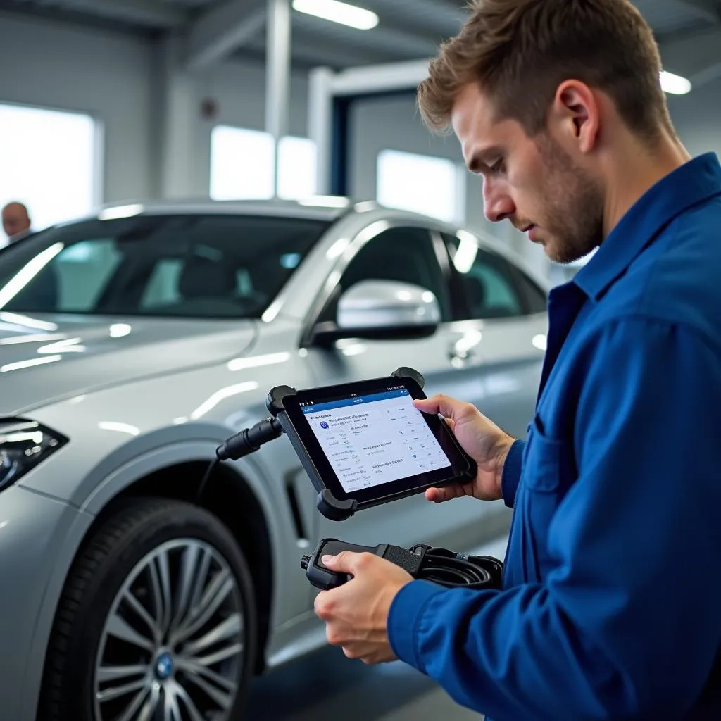 Mechanic using a tablet scan tool on a BMW in a garage