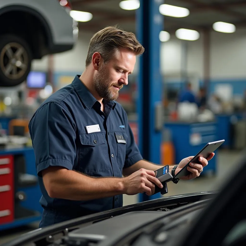 Mechanic Using Tablet with Credit Card Reader in Garage