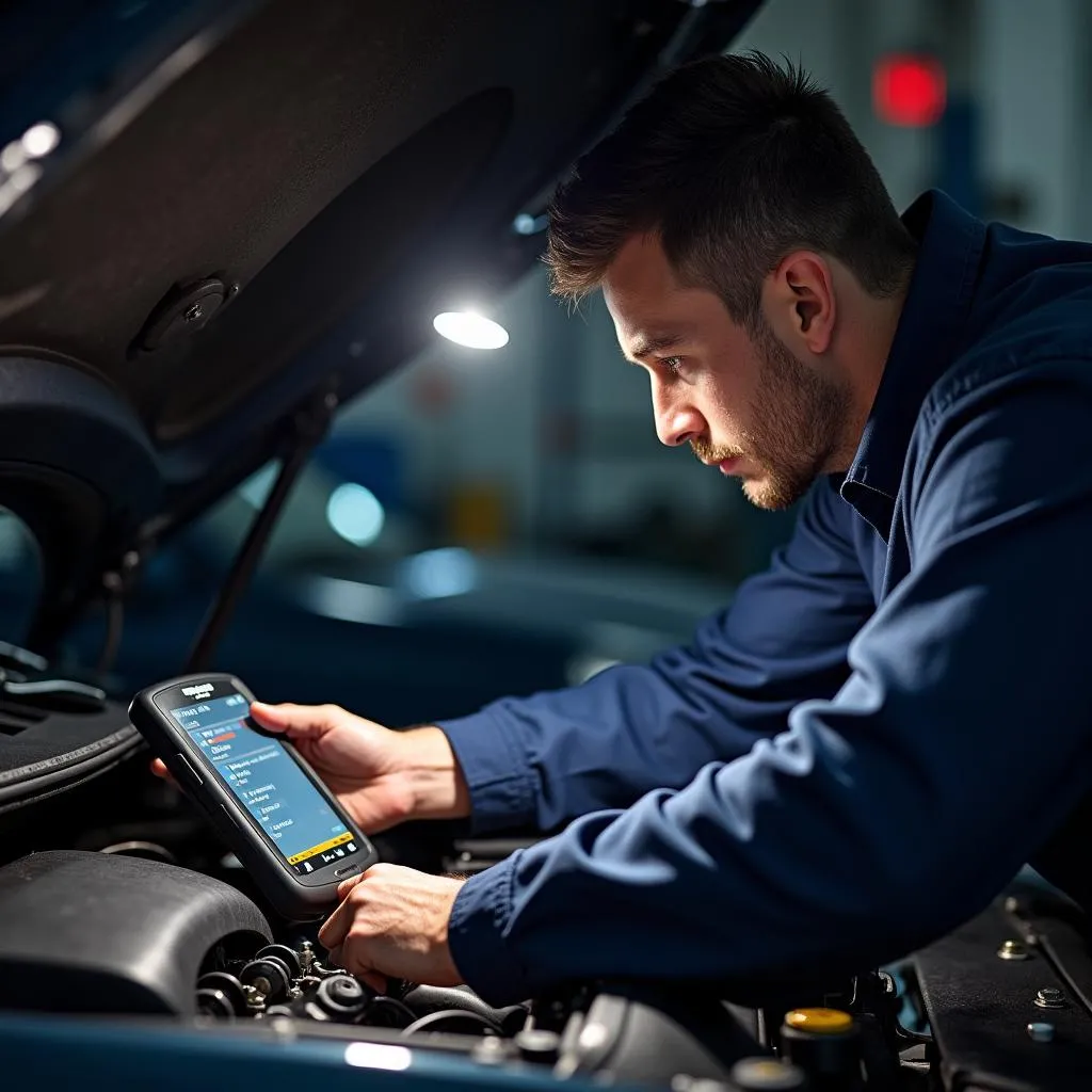 Mechanic Using Tech 2 on Car Engine