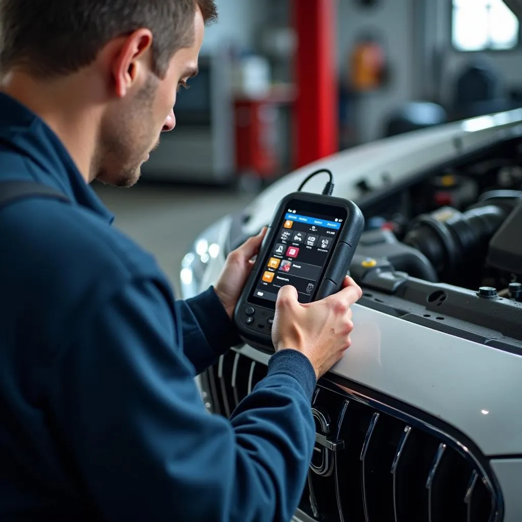 Mechanic using a Tech 3 scan tool on a European car