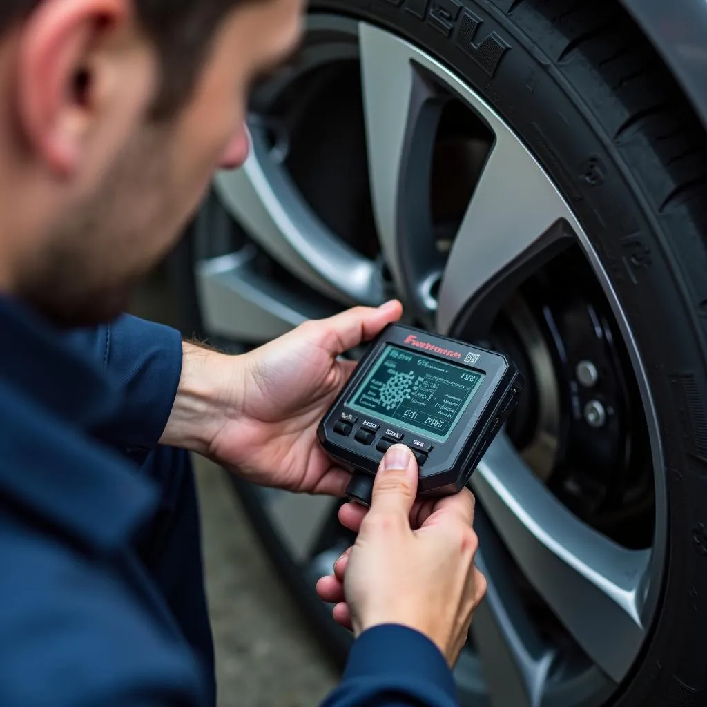 Mechanic using a tire scan tool on a car wheel