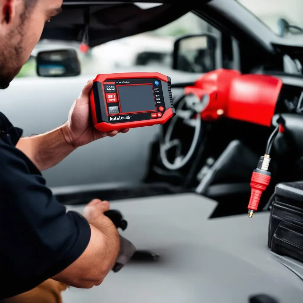 Mechanic Using Autel Diagnostic Tool