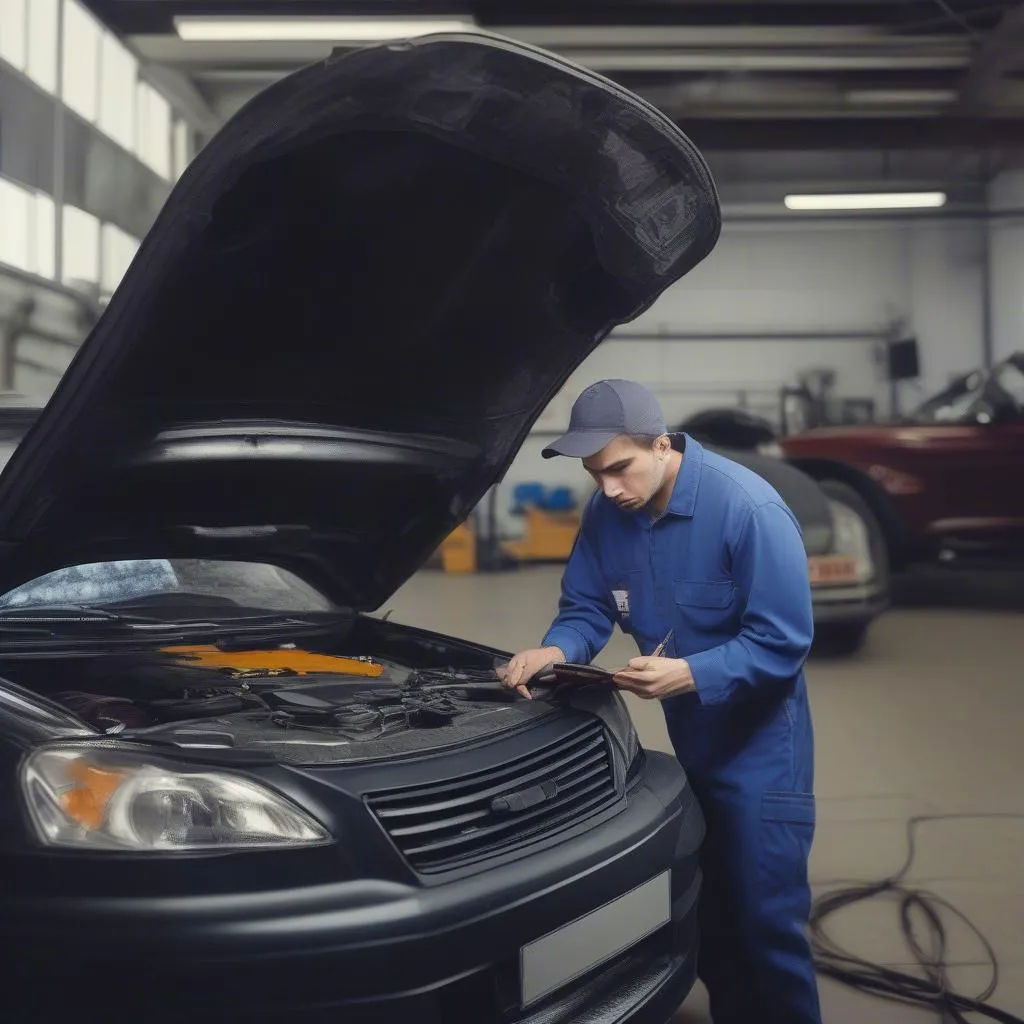 Mechanic using a diagnostic tool