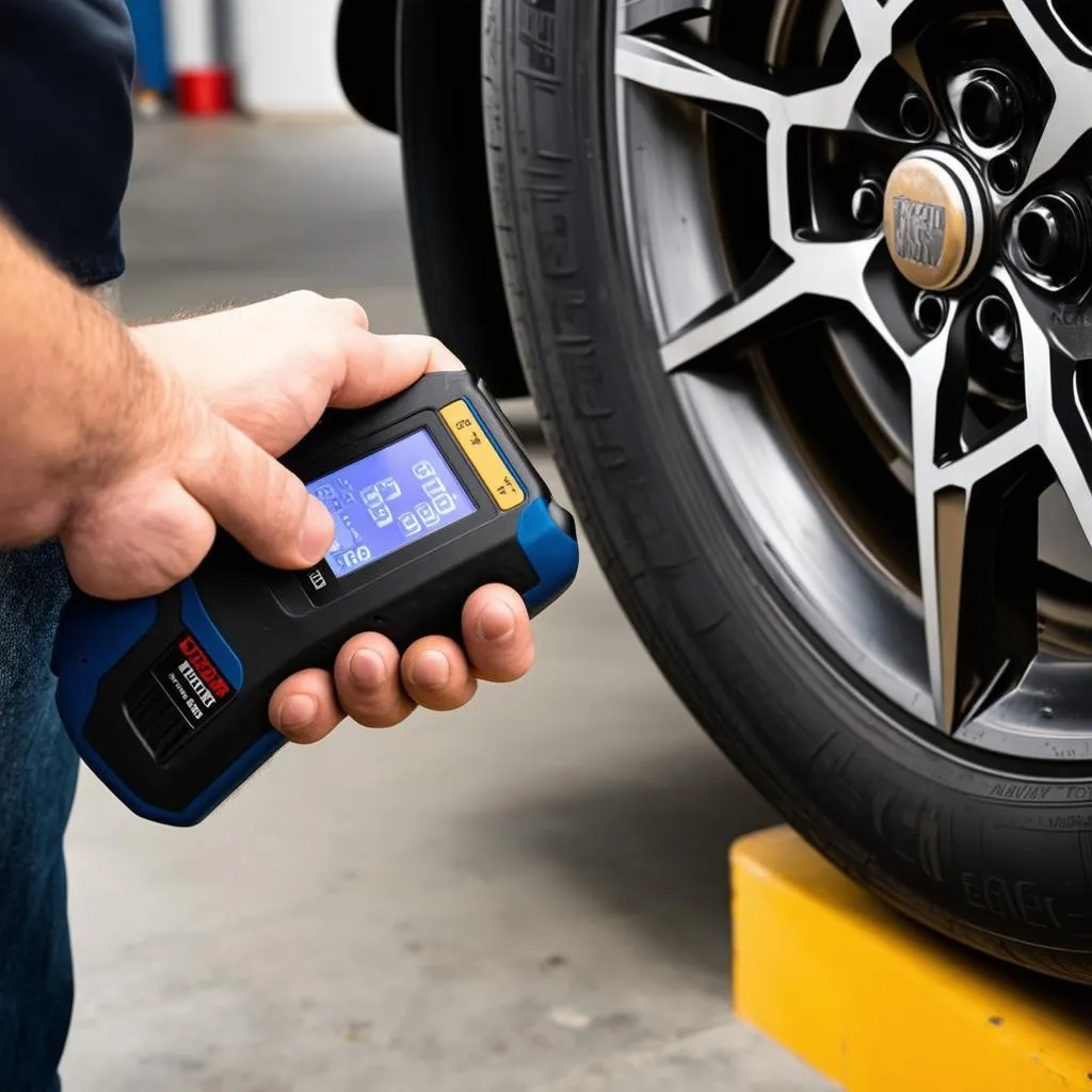 Mechanic Using TPMS Tool on Car Tire