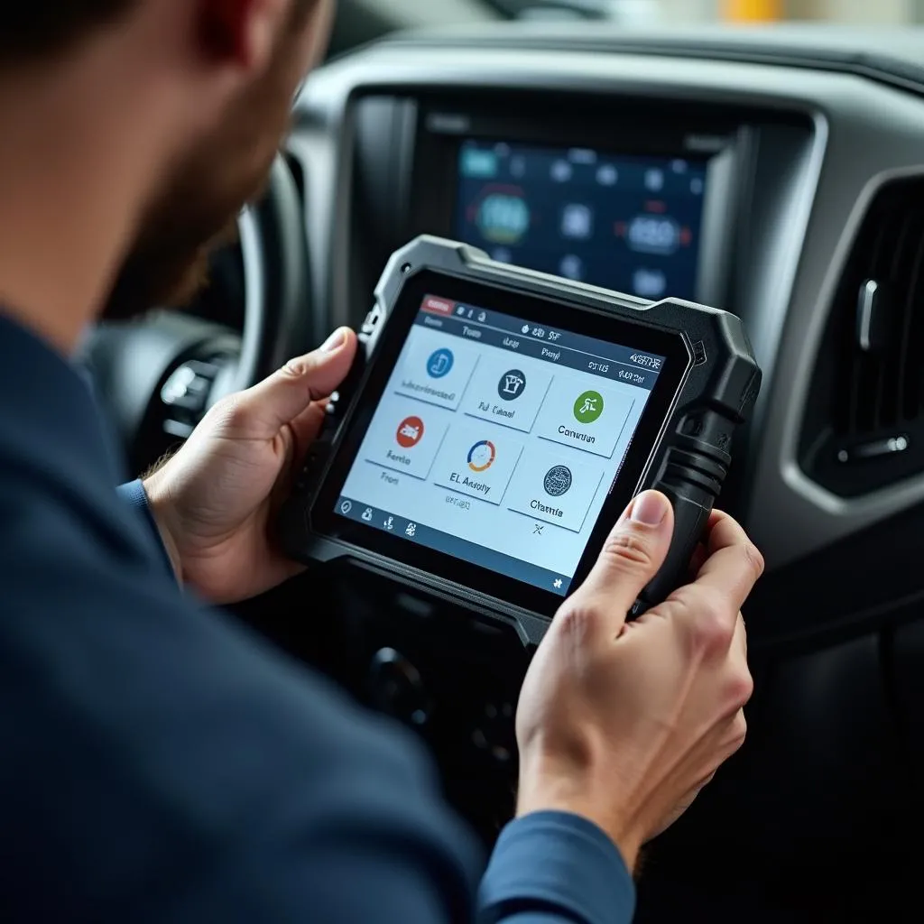 Mechanic Using Truck Scan Tool with Intuitive Interface