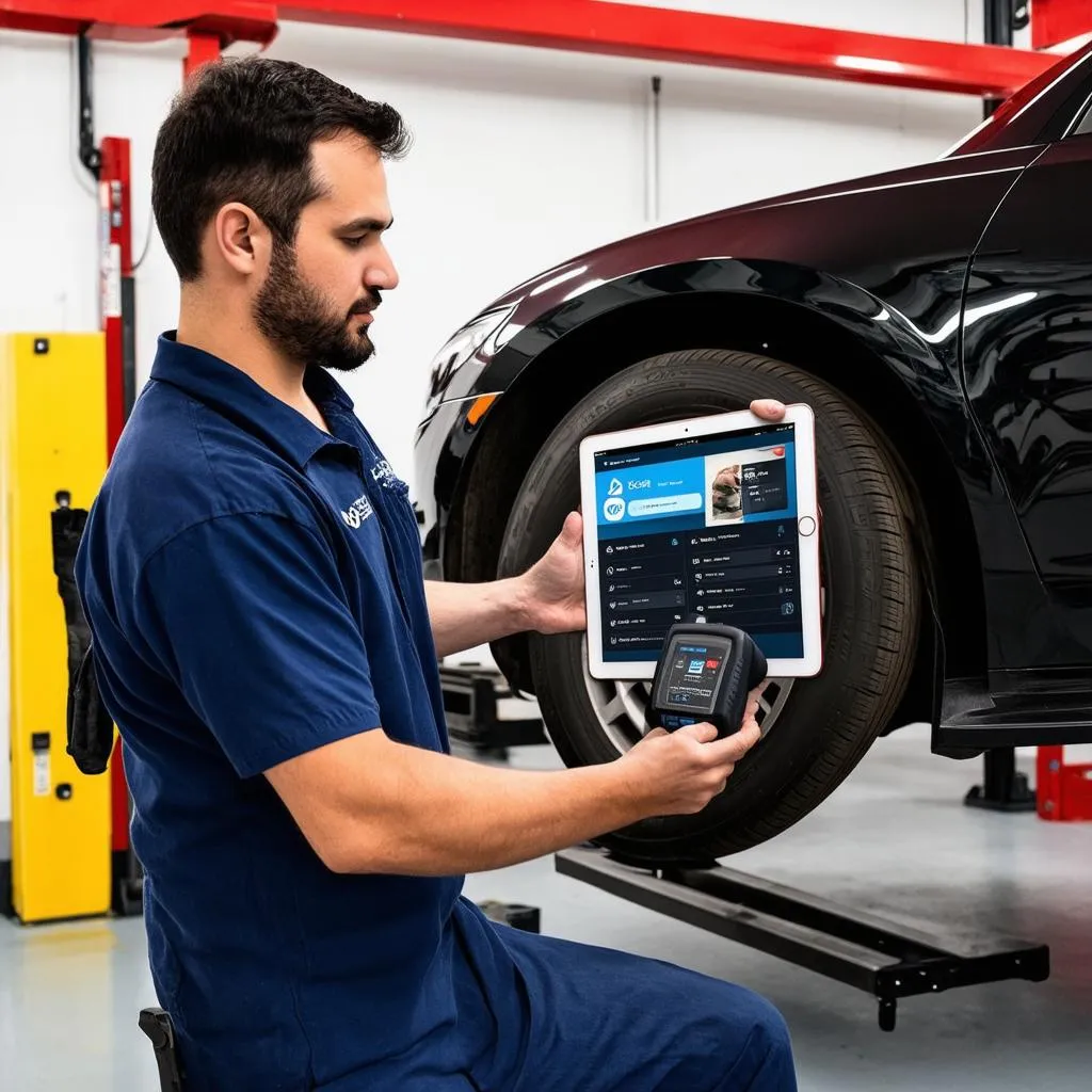 Mechanic using a Vgate scan tool to diagnose car problems