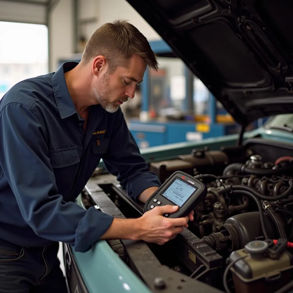 Mechanic using a vintage scan tool on a 1990s Chevy pickup truck