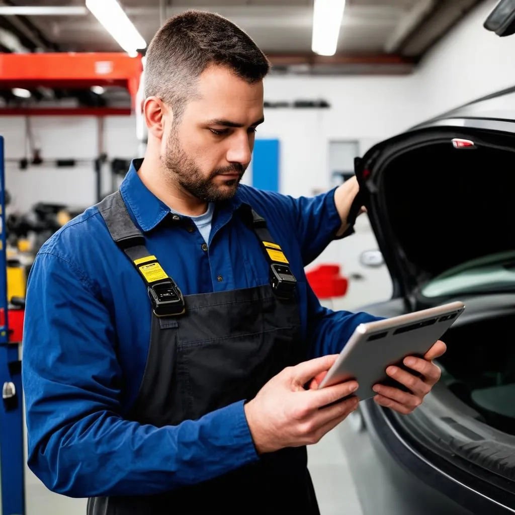 Mechanic Using WiFi OBD2 Scanner in Workshop