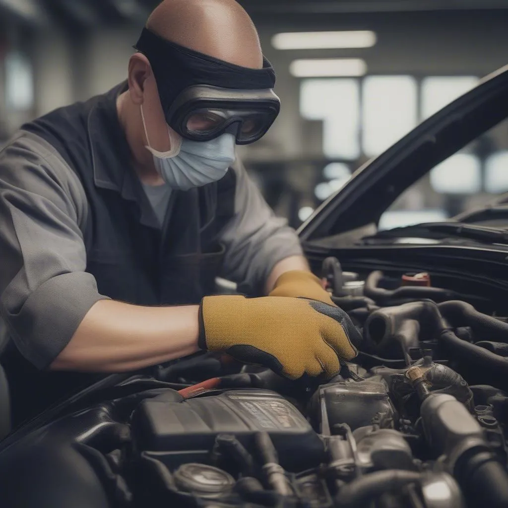 Mechanic wearing protective gear to prevent contact dermatitis