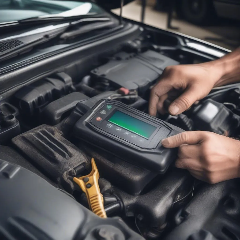 Mechanic using diagnostic tool