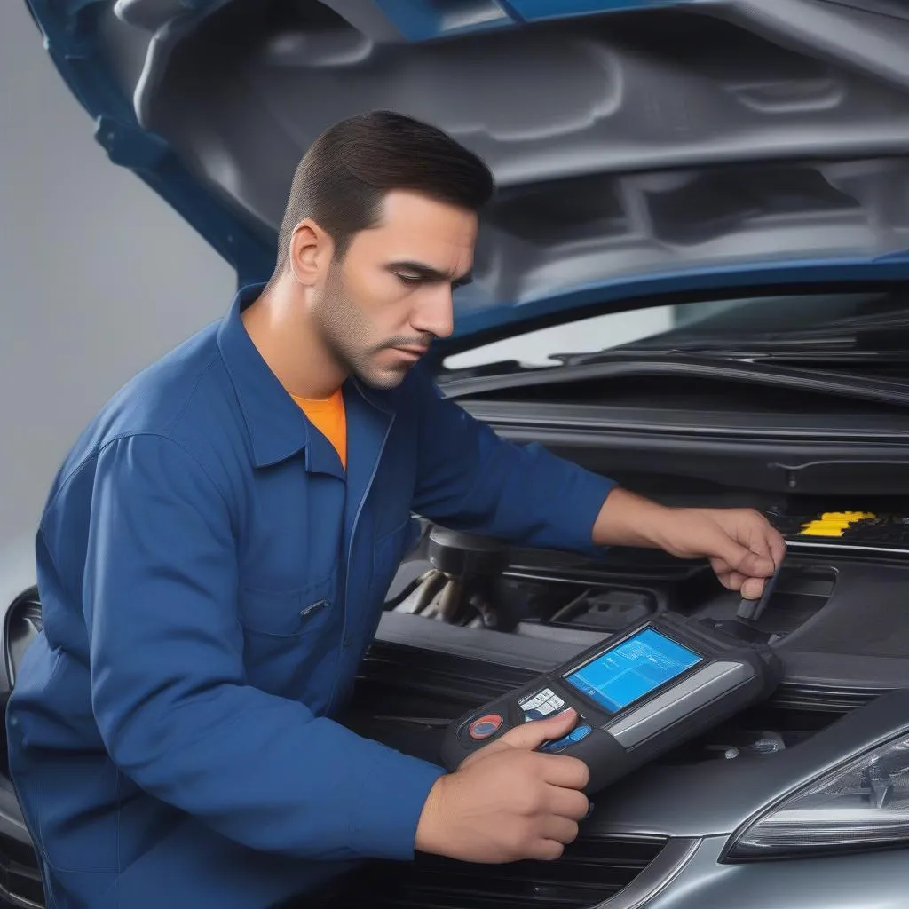 mechanic using a scan tool to diagnose a car