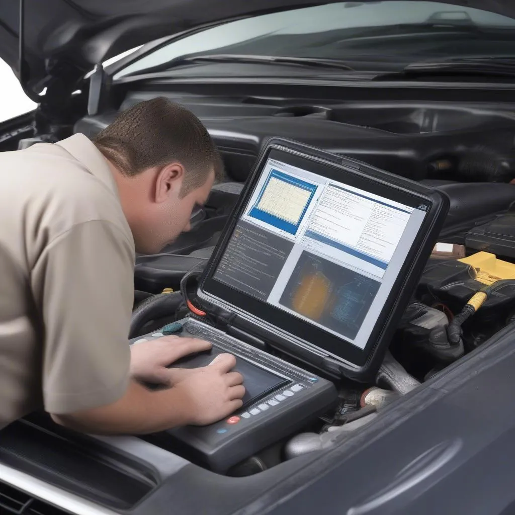 Mechanic using a dealer scanner