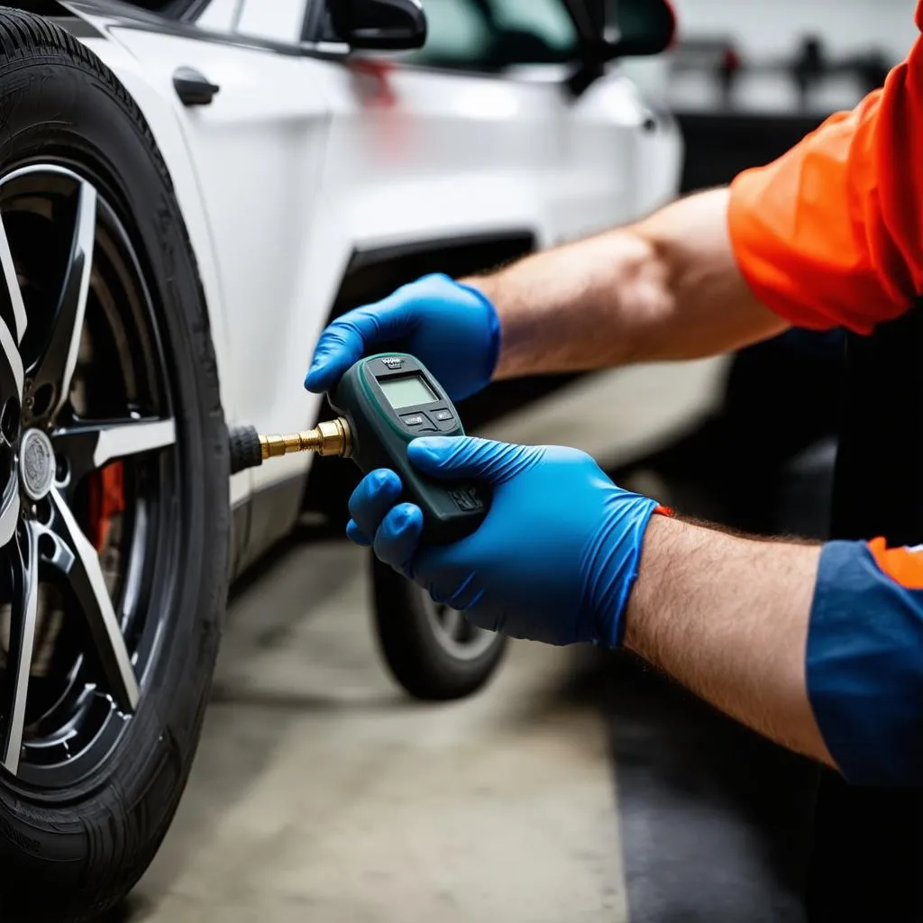 Mechanic using TPMS tool