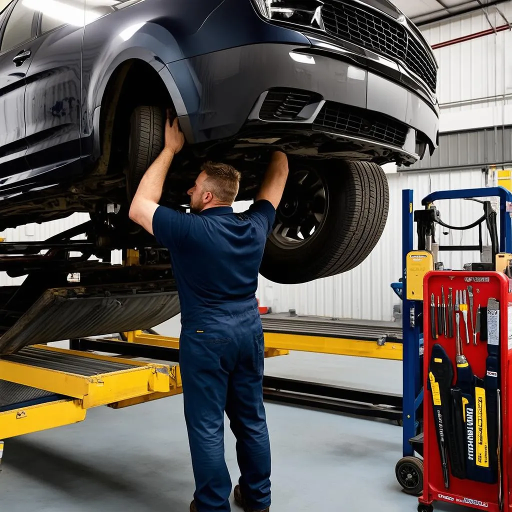 A mechanic inspecting the underside of a car lifted on a hydraulic ramp