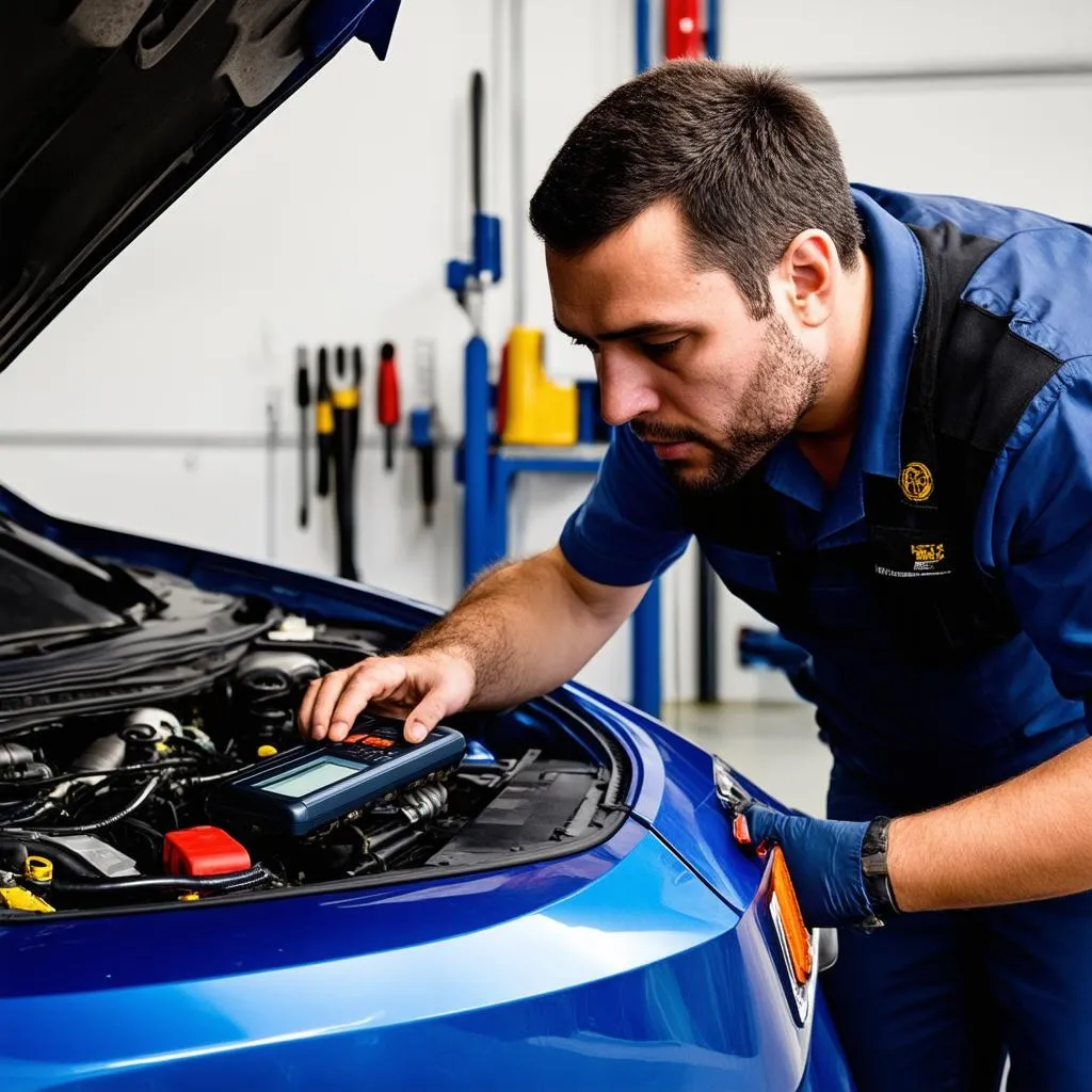 Mechanic using diagnostic equipment on a car