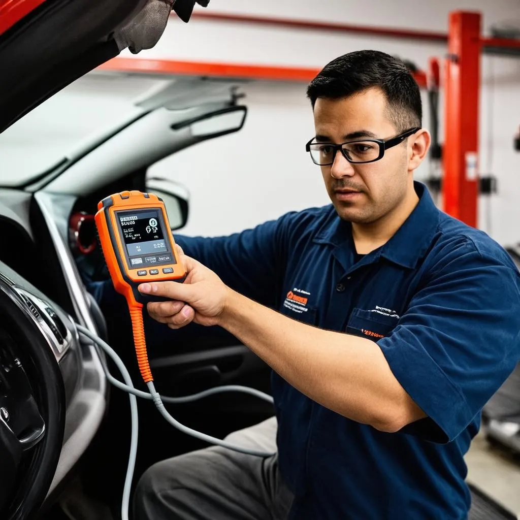 Mechanic Diagnosing a Car with a Scan Tool