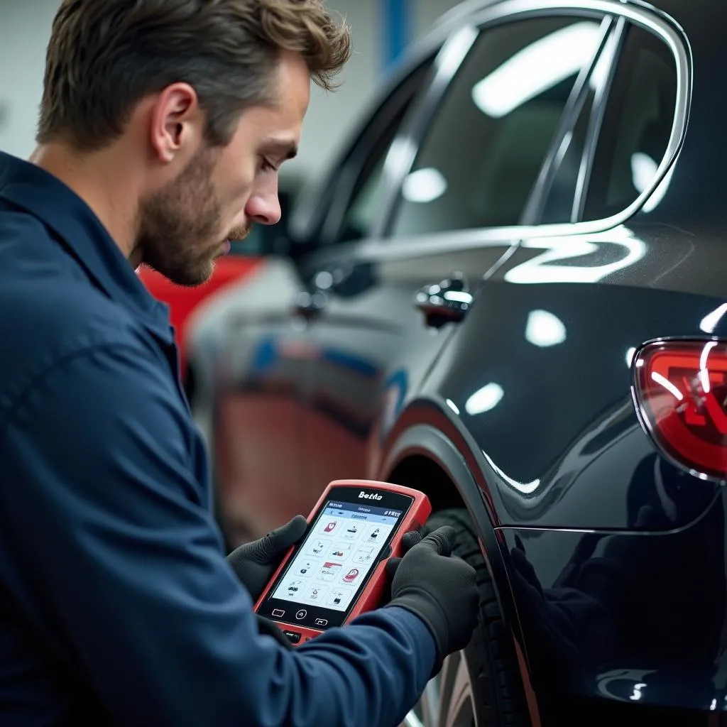 Car mechanic using diagnostic tool