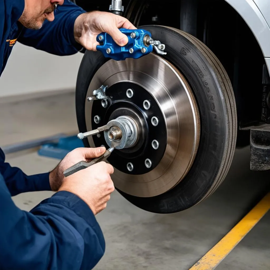 Close-up of a mechanic's hands working on a car's brake system