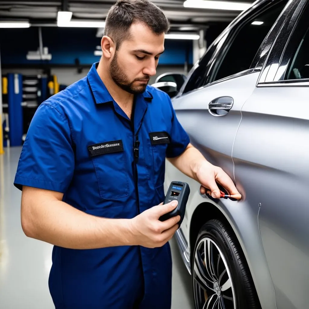 Mechanic connecting diagnostic tool to a Mercedes-Benz