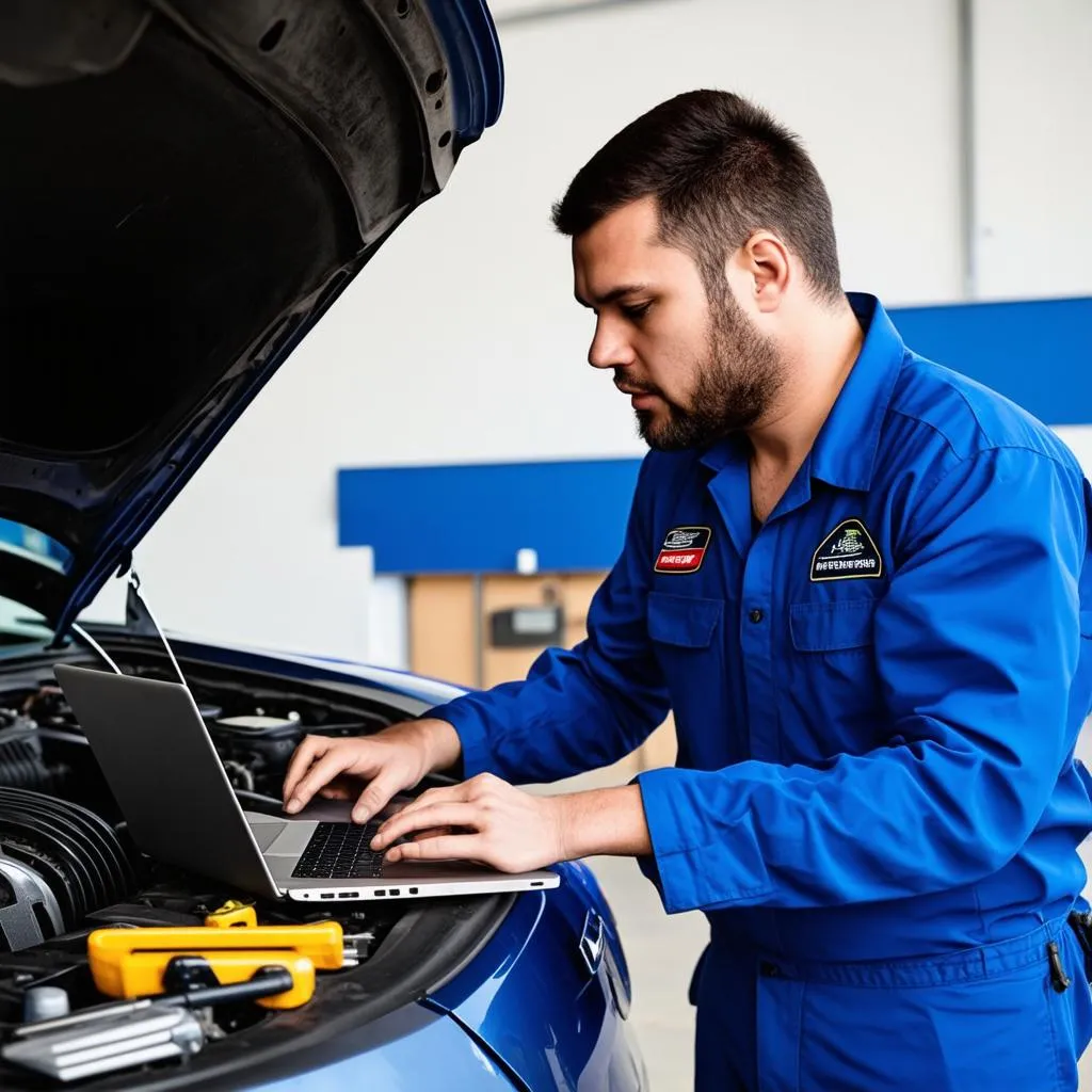 Mechanic Working on Car Diagnostics