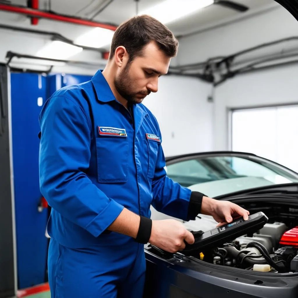 Mechanic using a diagnostic tool on a car