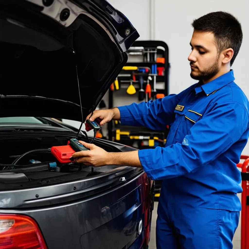 Mechanic working on car diagnostics