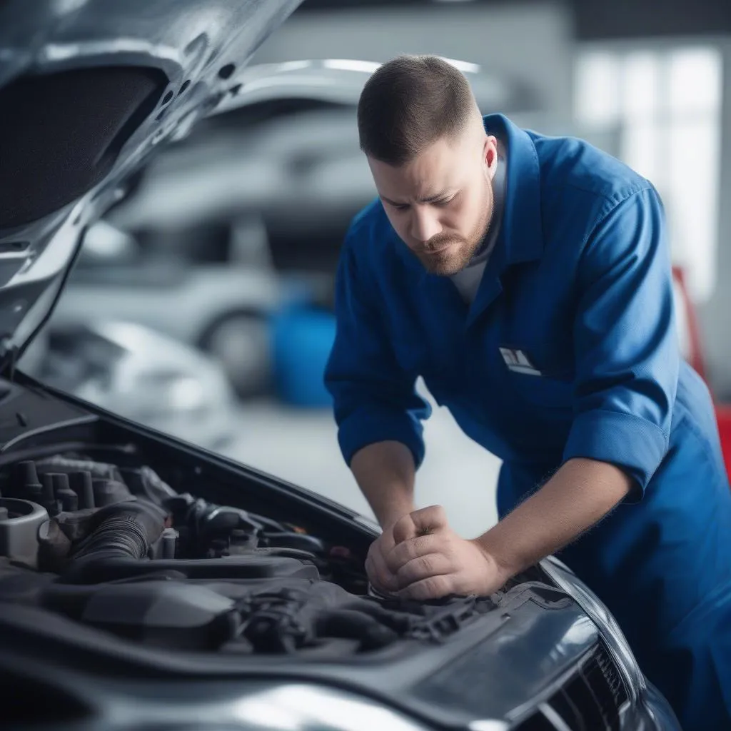 Mechanic working on car diagnostics