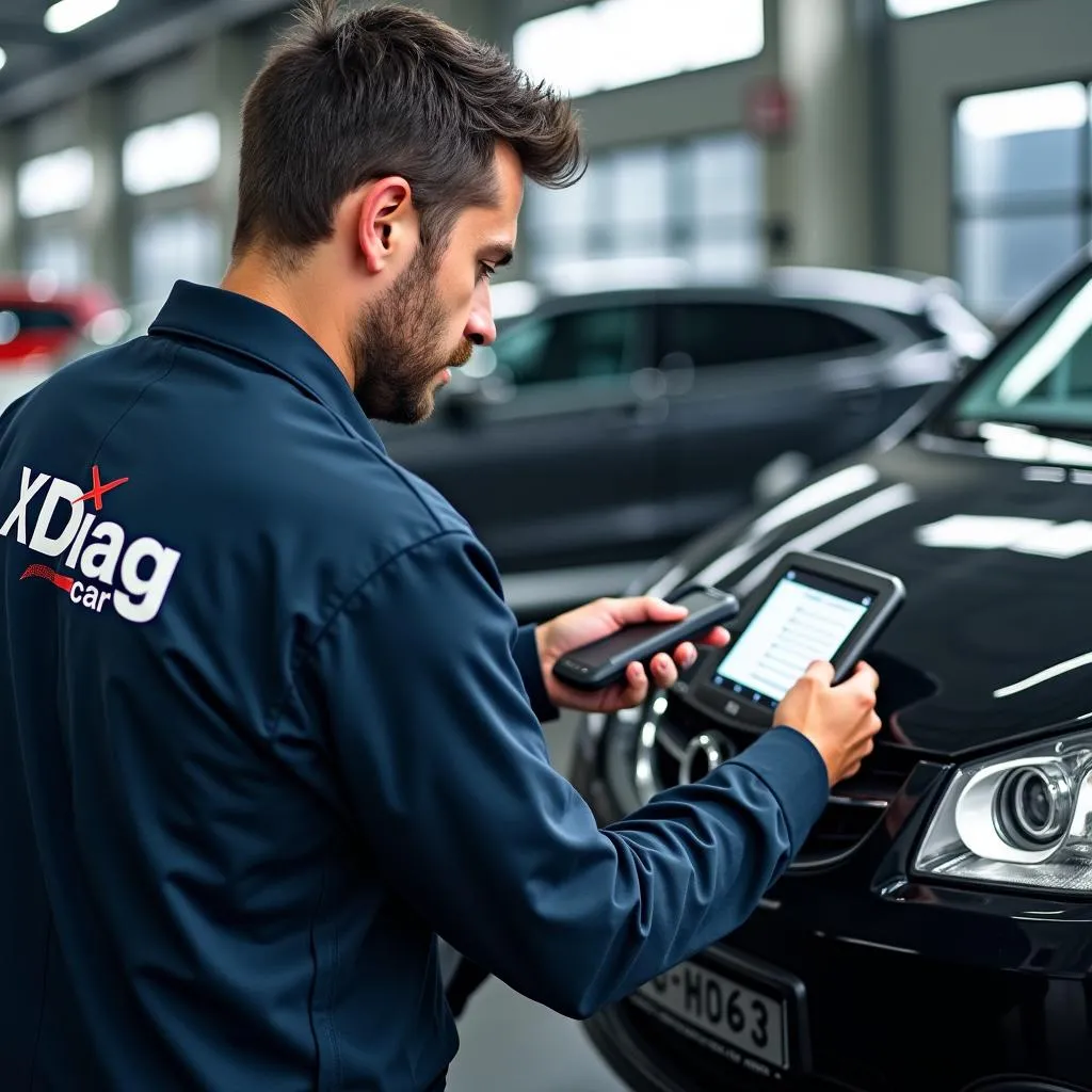 Mechanic using a diagnostics tool on a car