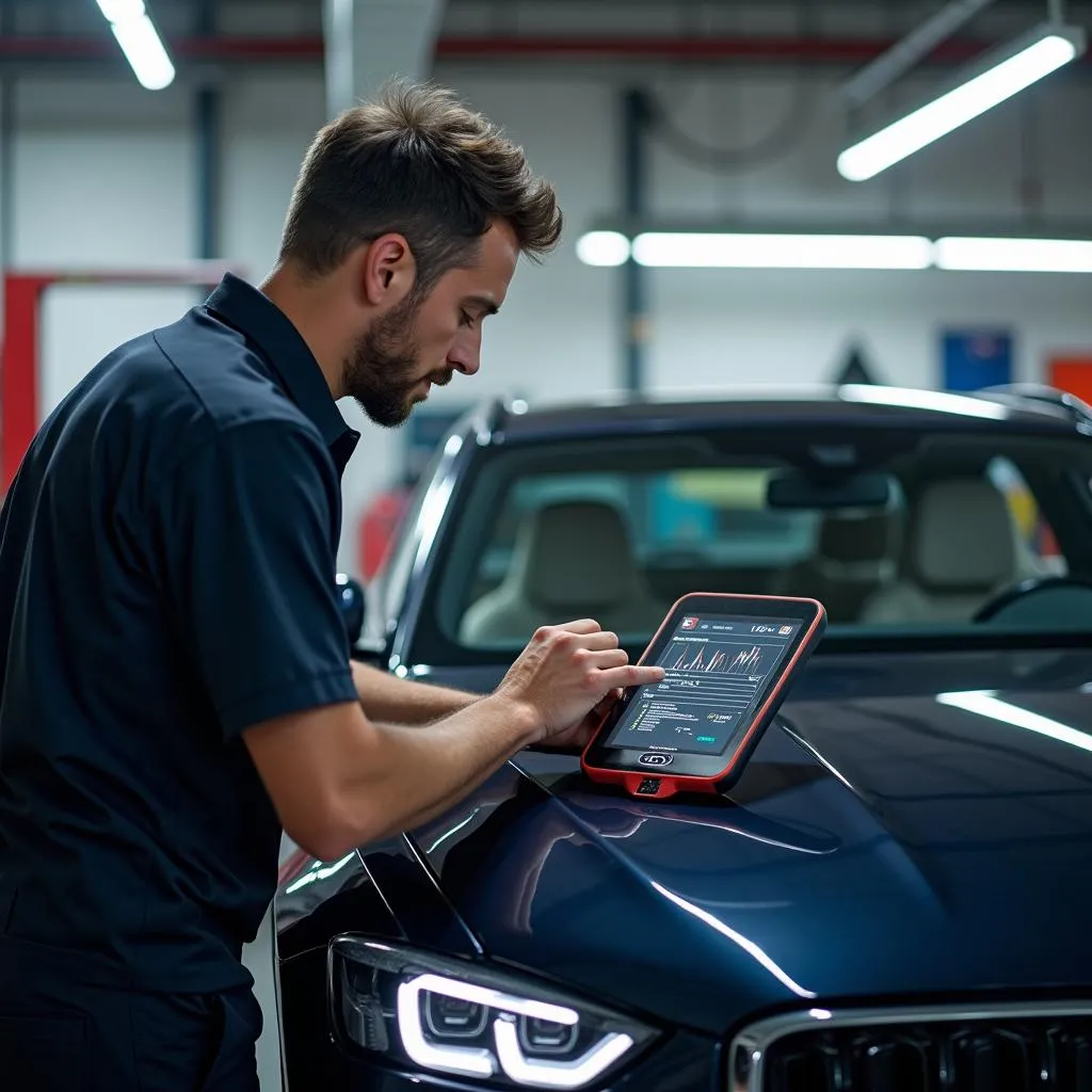 A mechanic using a diagnostic tool on a European car