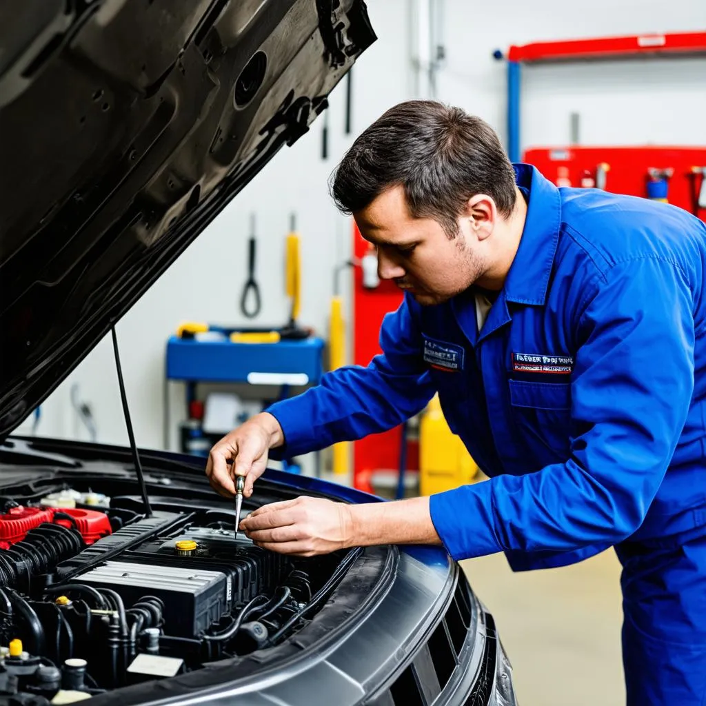 Mechanic working on a car's ECU