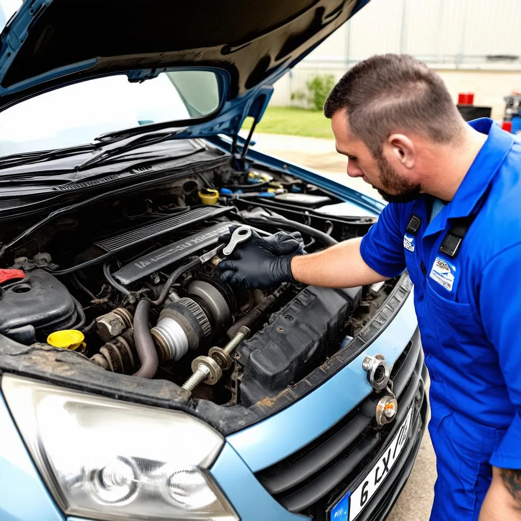 Mechanic diagnosing a car engine problem.