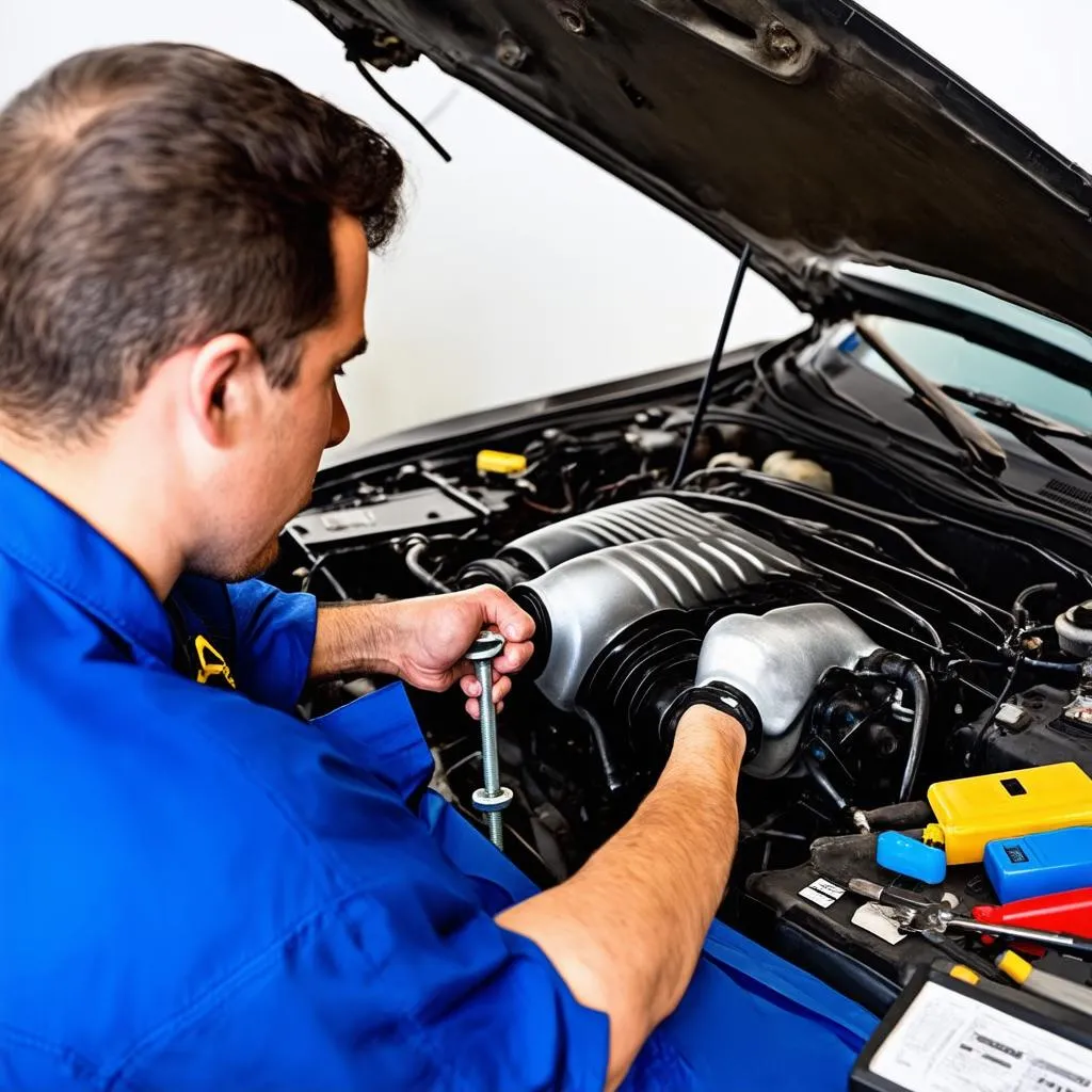 A mechanic working under the hood of a car, using tools and diagnostic equipment.