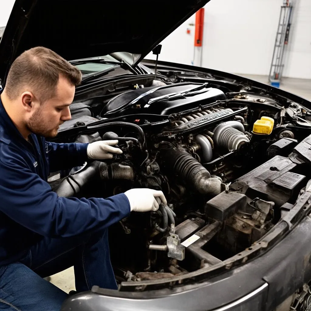 Mechanic Working on Car Engine