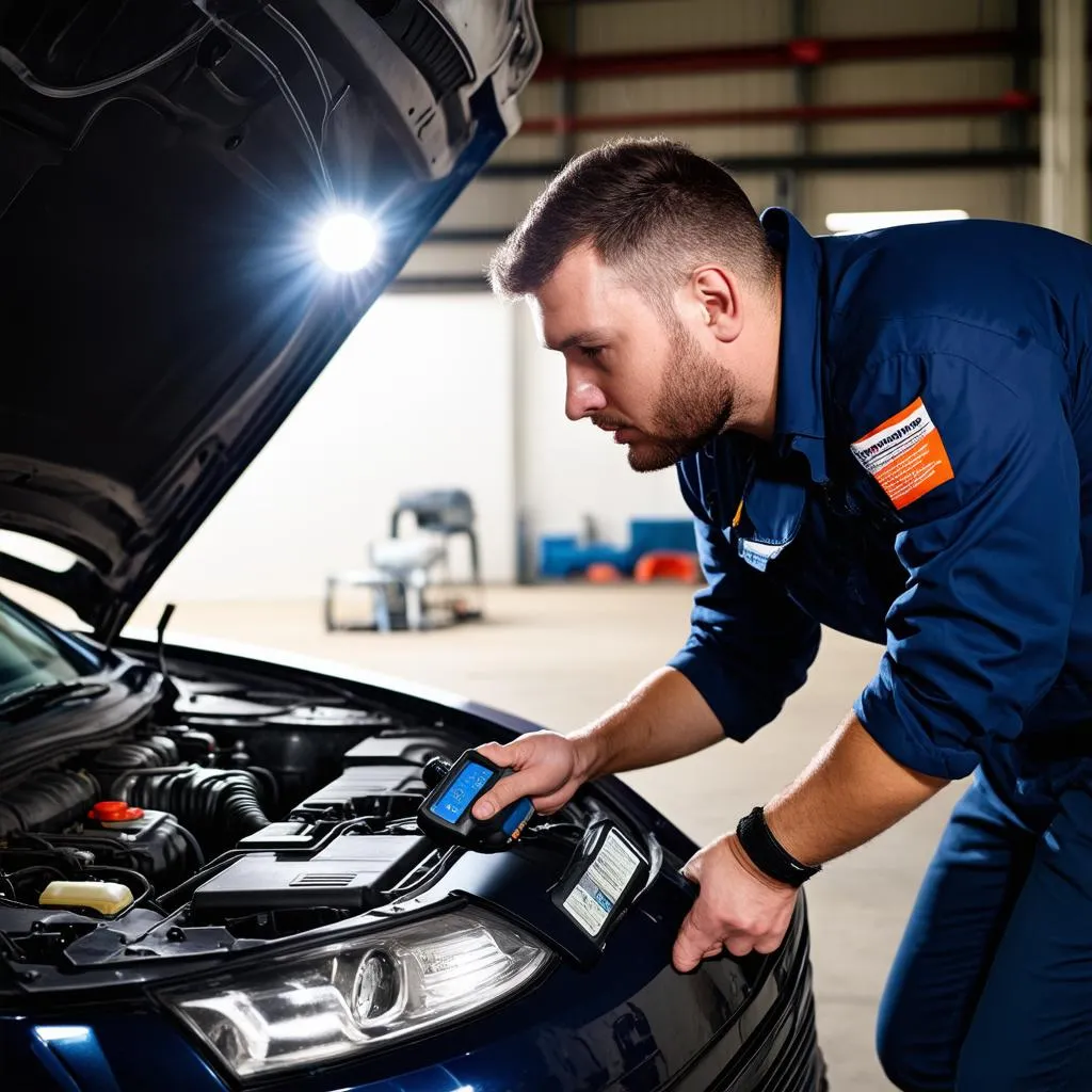 Mechanic inspecting car engine with a diagnostic tool