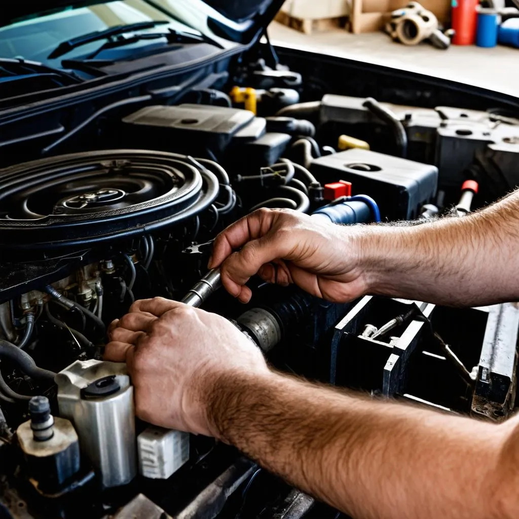 Mechanic Working On Car Engine