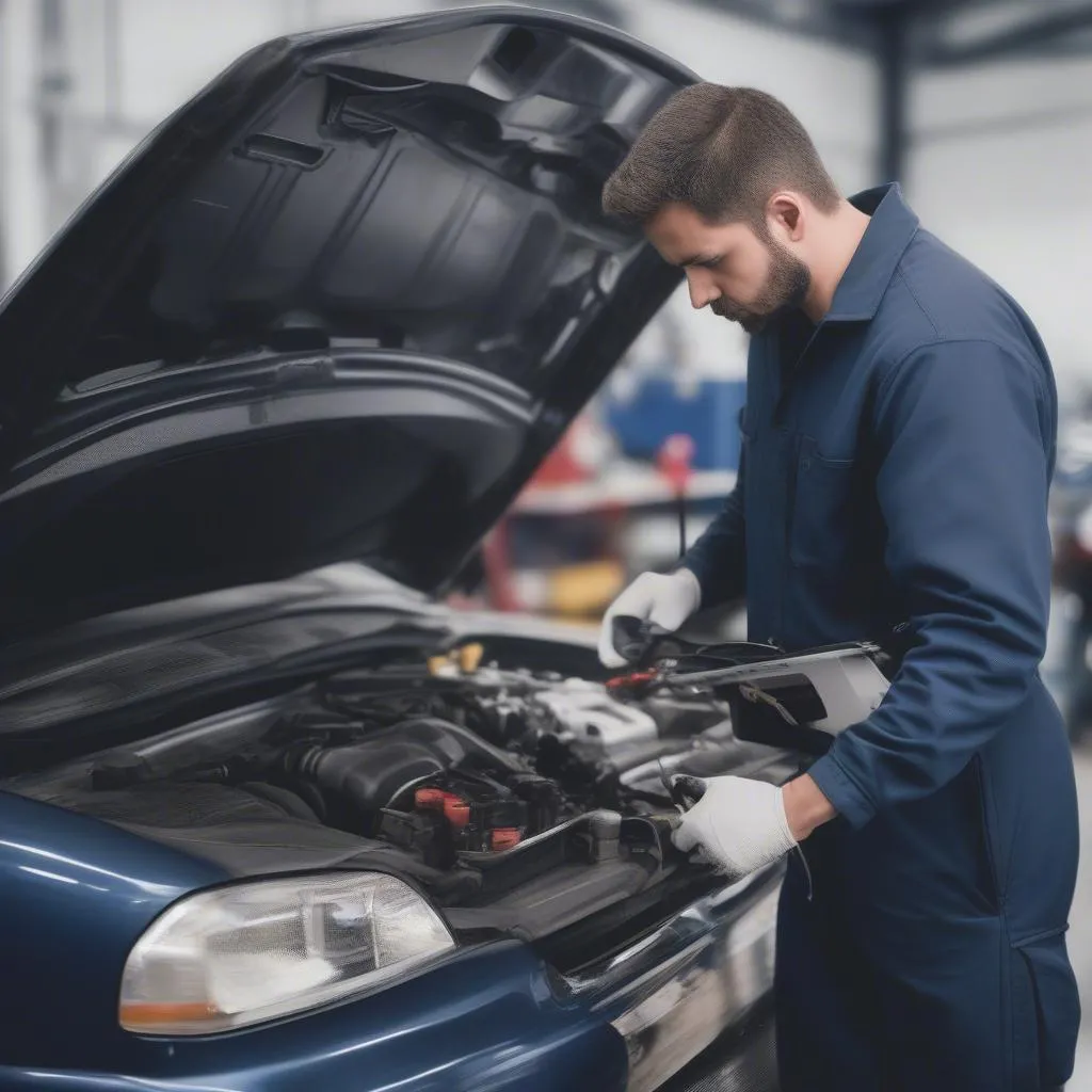 Mechanic inspecting a car engine with an OTC scanner in hand