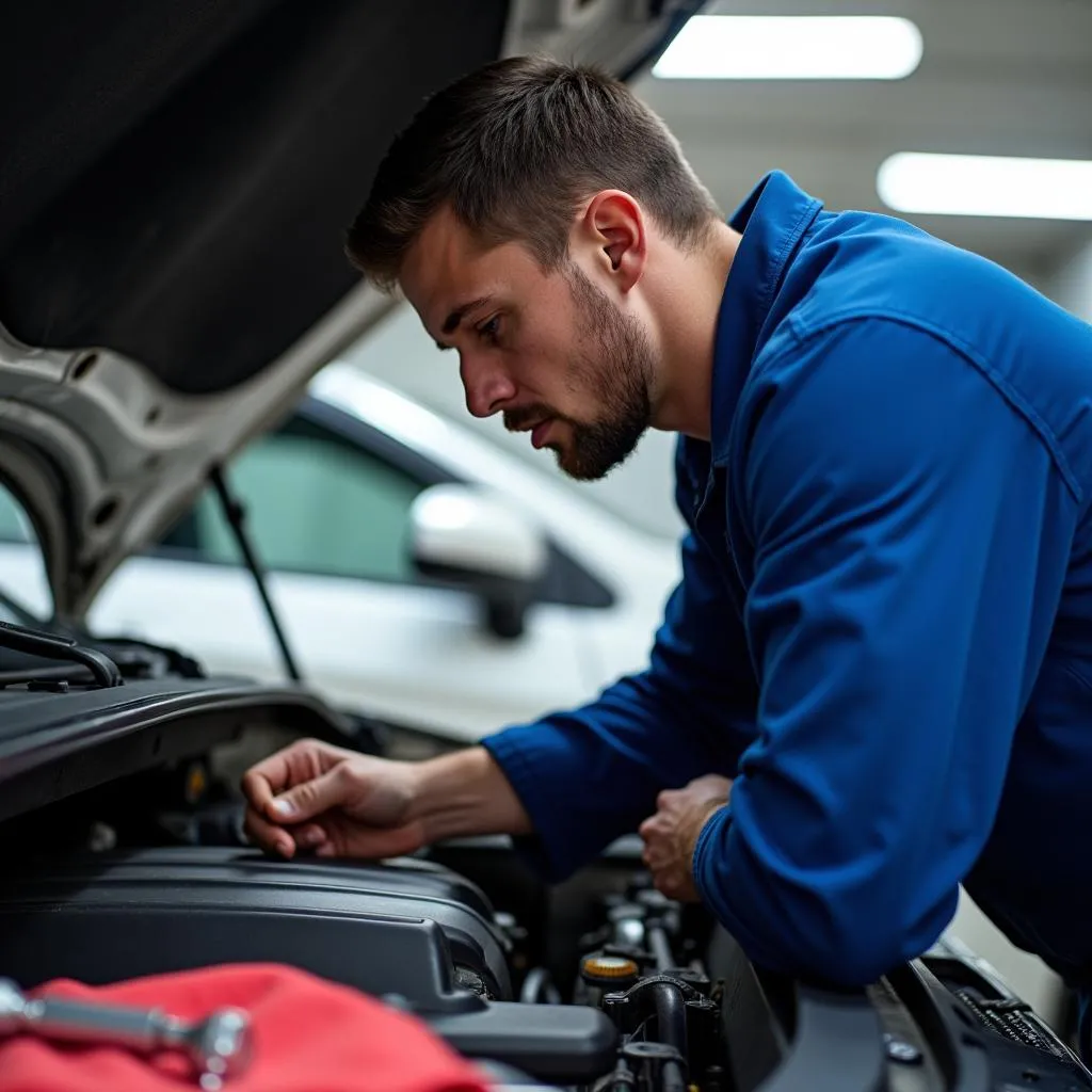 Mechanic working on a car engine