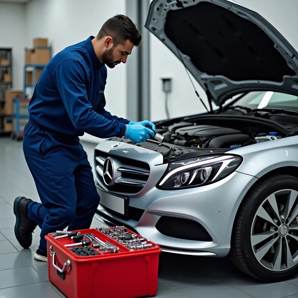 Mechanic inspecting a car engine