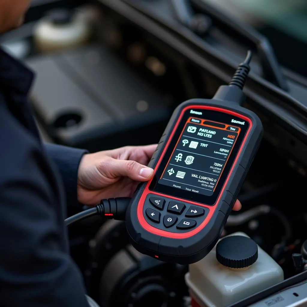 A mechanic uses a bi-directional scan tool for efficient car repair.