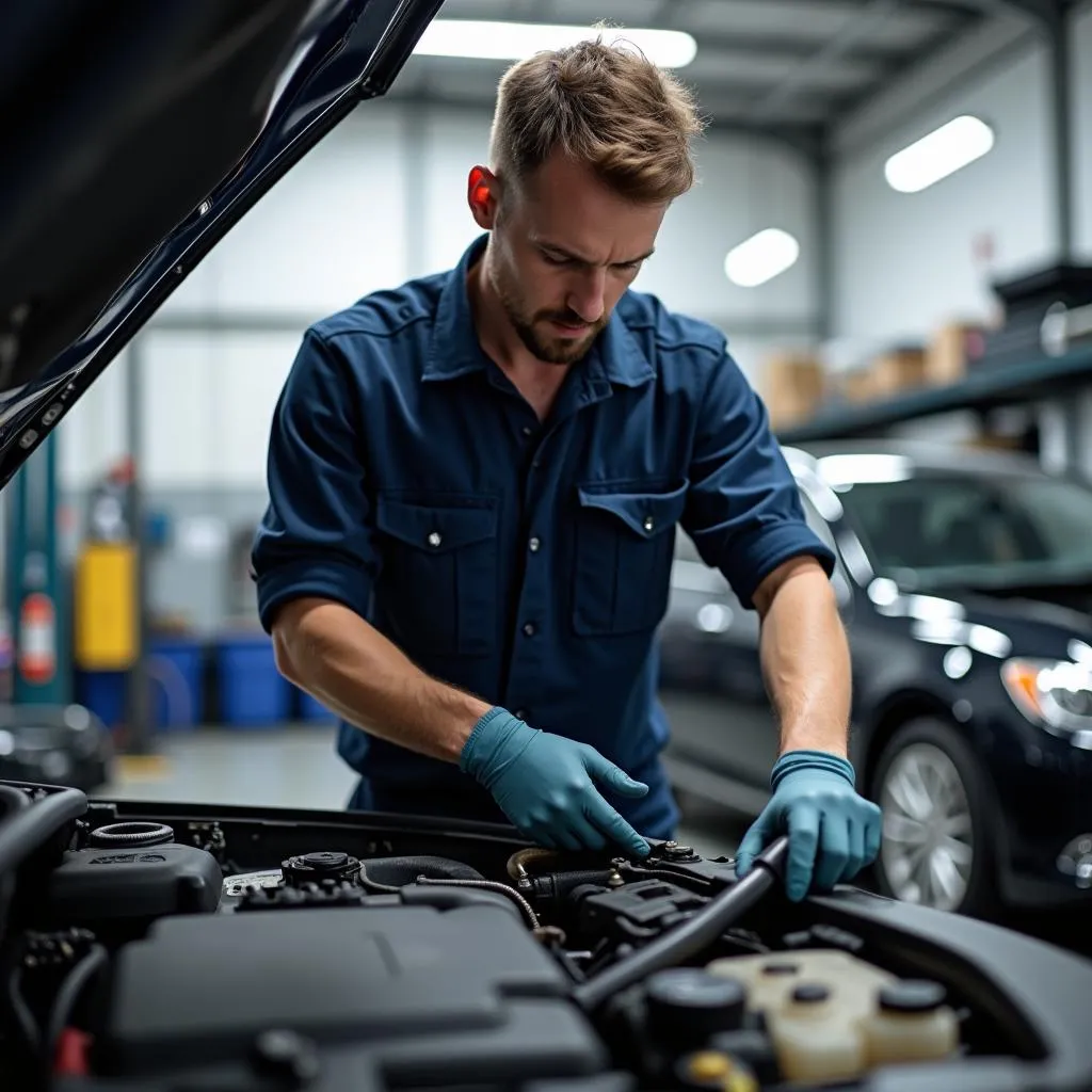 Mechanic working on car engine